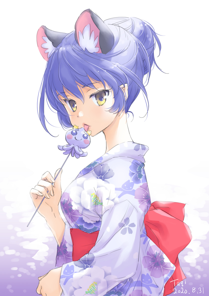1girl 2020 animal_ears animal_print bangs blue_hair cat_ears cat_print cherry_blossom_print eyebrows_visible_through_hair floral_print from_side hair_between_eyes highres holding japanese_clothes kimono long_sleeves precure print_kimono prunce_(precure) shiny shiny_hair signature solo star_twinkle_precure sweater tied_hair tongue tongue_out tuqi_pix white_background white_kimono yellow_sweater yukata yuni_(precure)