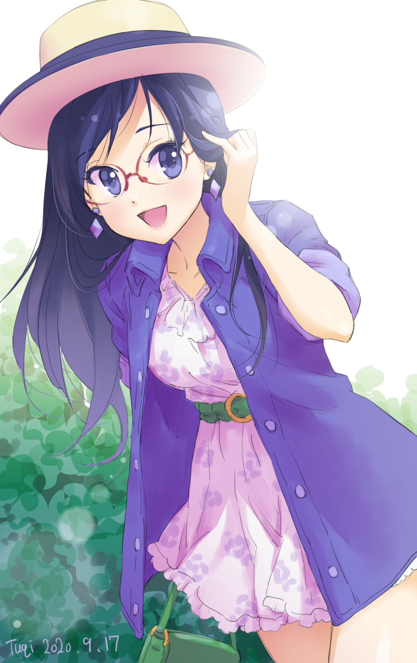 1girl 2020 :d adjusting_hair blue_eyes blue_hair blue_shirt collarbone collared_shirt cowboy_shot dated dress dress_shirt earrings frilled_dress frills glasses highres hishikawa_rikka jewelry long_hair looking_at_viewer open_clothes open_mouth open_shirt print_dress red-framed_eyewear shiny shiny_hair shirt short_dress simple_background sleeves_rolled_up smile solo standing sundress tuqi_pix white_background white_dress wing_collar