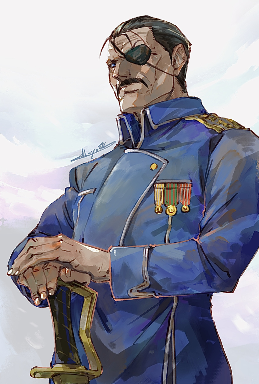 1boy absurdres amestris_military_uniform black_hair blue_jacket eyepatch facial_hair fullmetal_alchemist hands_on_hilt highres ikuyoan jacket king_bradley long_sleeves male_focus military_jacket mustache shiny shiny_hair signature solo upper_body white_background