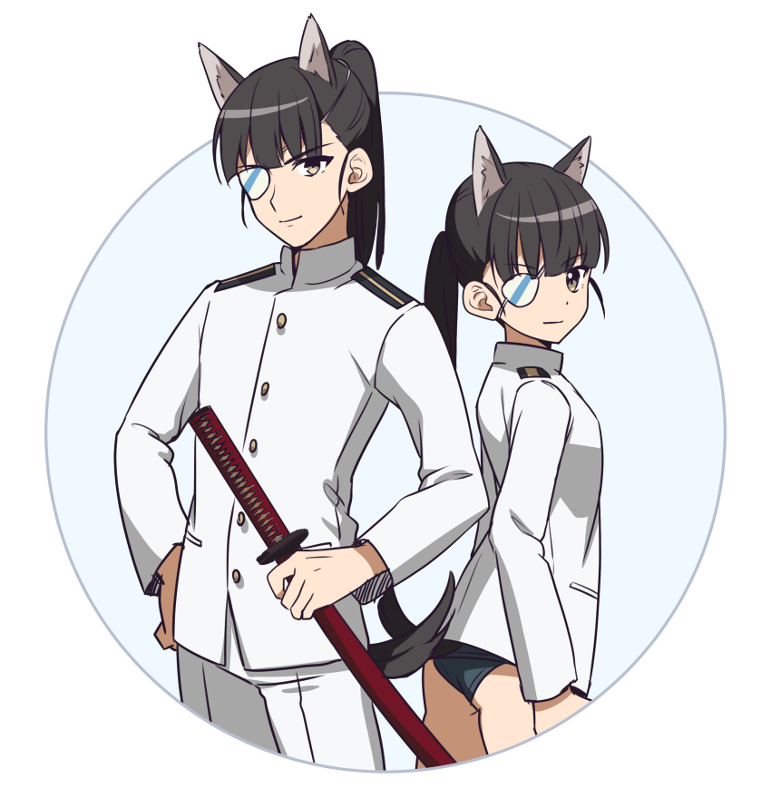 1boy 1girl absurdres animal_ears bangs black_hair blue_background blue_swimsuit brown_eyes closed_mouth dog_boy dog_ears dog_girl dog_tail dual_persona eyebrows_visible_through_hair eyepatch genderswap genderswap_(ftm) hand_on_hip highres holding holding_sheath ichiren_namiro jacket katana long_hair long_sleeves looking_at_viewer military_jacket pants ponytail sakamoto_mio sheath sheathed smile strike_witches swimsuit swimsuit_under_clothes sword tail two-tone_background weapon white_background white_jacket white_pants world_witches_series