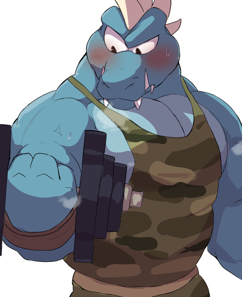 anthro biceps blue_body blush breath clothing crocodilian donkey_kong_(series) exercise hi_res krusha male muscular muscular_anthro muscular_male nintendo panting pecs reptile scalie shirt solo tank_top teeth topwear video_games weightlifting workout yoshizaurusu_n