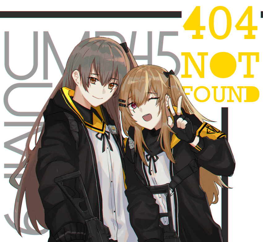 2girls 3o_c 404_(girls_frontline) 404_logo_(girls_frontline) black_gloves black_jacket bow brown_eyes brown_hair character_name english_text eyebrows_visible_through_hair girls_frontline gloves gun h&amp;k_ump hair_bow highres holding holding_weapon jacket long_hair looking_at_viewer multiple_girls one_eye_closed open_mouth partly_fingerless_gloves scar scar_across_eye shirt smile submachine_gun ump45_(girls_frontline) ump9_(girls_frontline) v weapon white_background white_shirt