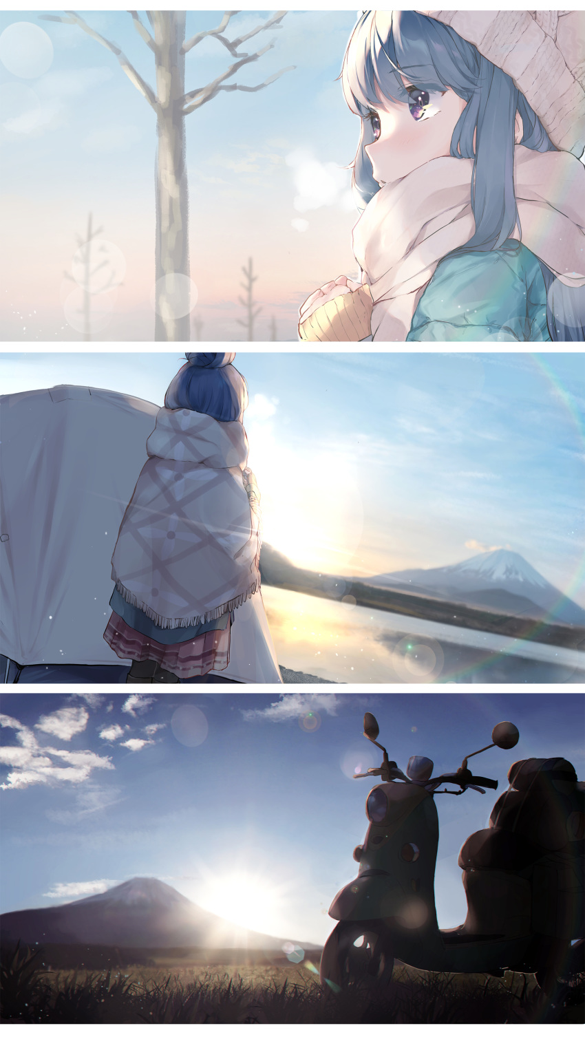 1girl absurdres bare_tree beanie black_legwear blue_hair blue_jacket blue_sky blush breath brown_skirt cloud commentary_request day facing_away field grey_headwear ground_vehicle hair_bun hands_together hands_up hat highres jacket lake long_hair long_sleeves looking_away motor_vehicle mount_fuji mountain outdoors own_hands_together pantyhose parted_lips pleated_skirt purple_eyes ringosutta scarf scooter shima_rin skirt sky sleeves_past_wrists sunrise tent tree white_scarf yurucamp