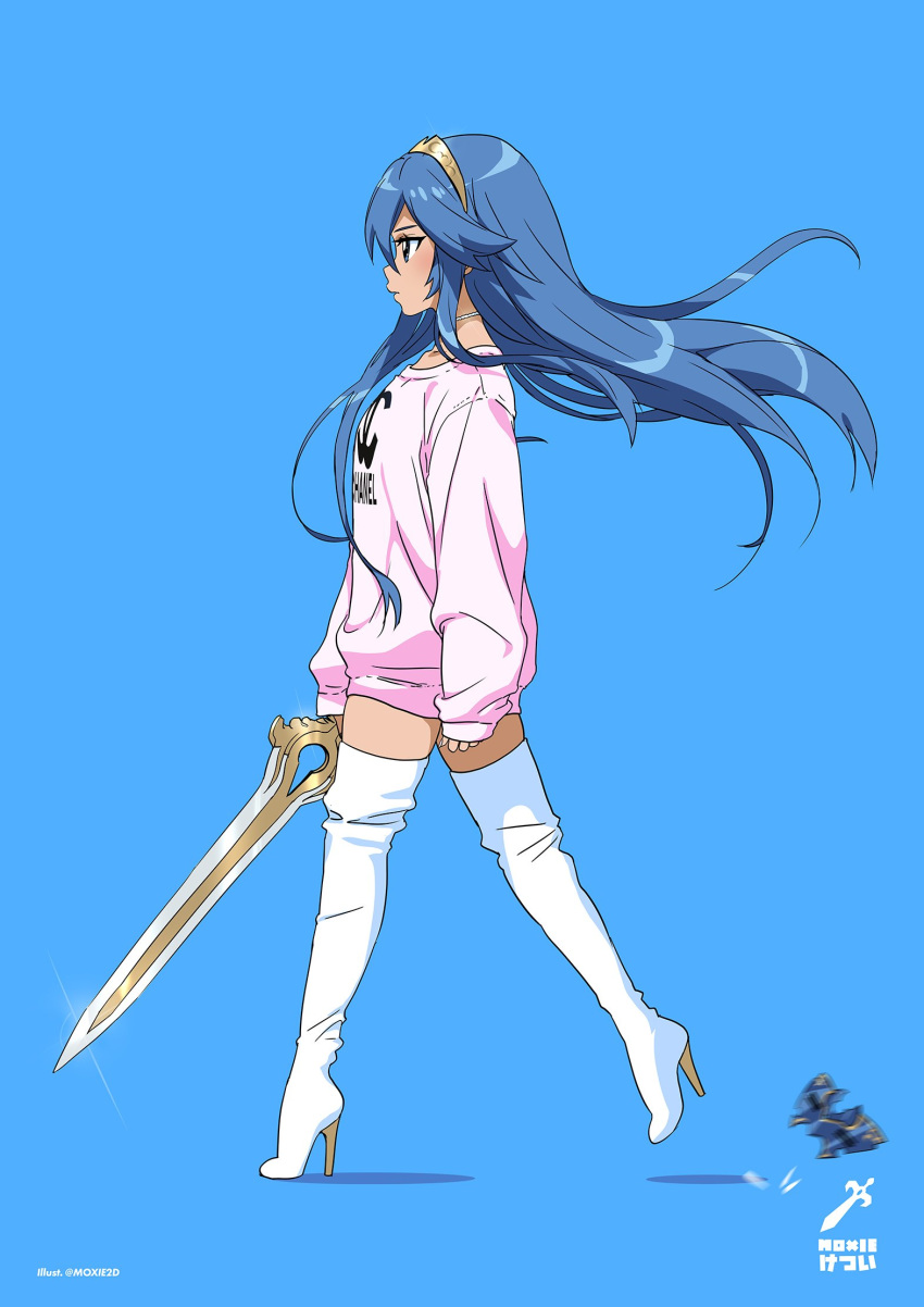 1girl blue_background blue_eyes blue_hair boots choker clothes_writing commentary dress english_commentary fire_emblem fire_emblem_awakening full_body high_heel_boots high_heels highres long_hair long_sleeves lucina_(fire_emblem) mask mask_removed motion_blur pink_dress pink_sweater profile rpofile simple_background sleeves_past_wrists solo super_smash_bros. sweater sweater_dress thigh_boots thighhighs tiara tom_skender twitter_username very_long_hair walking white_choker white_footwear zettai_ryouiki