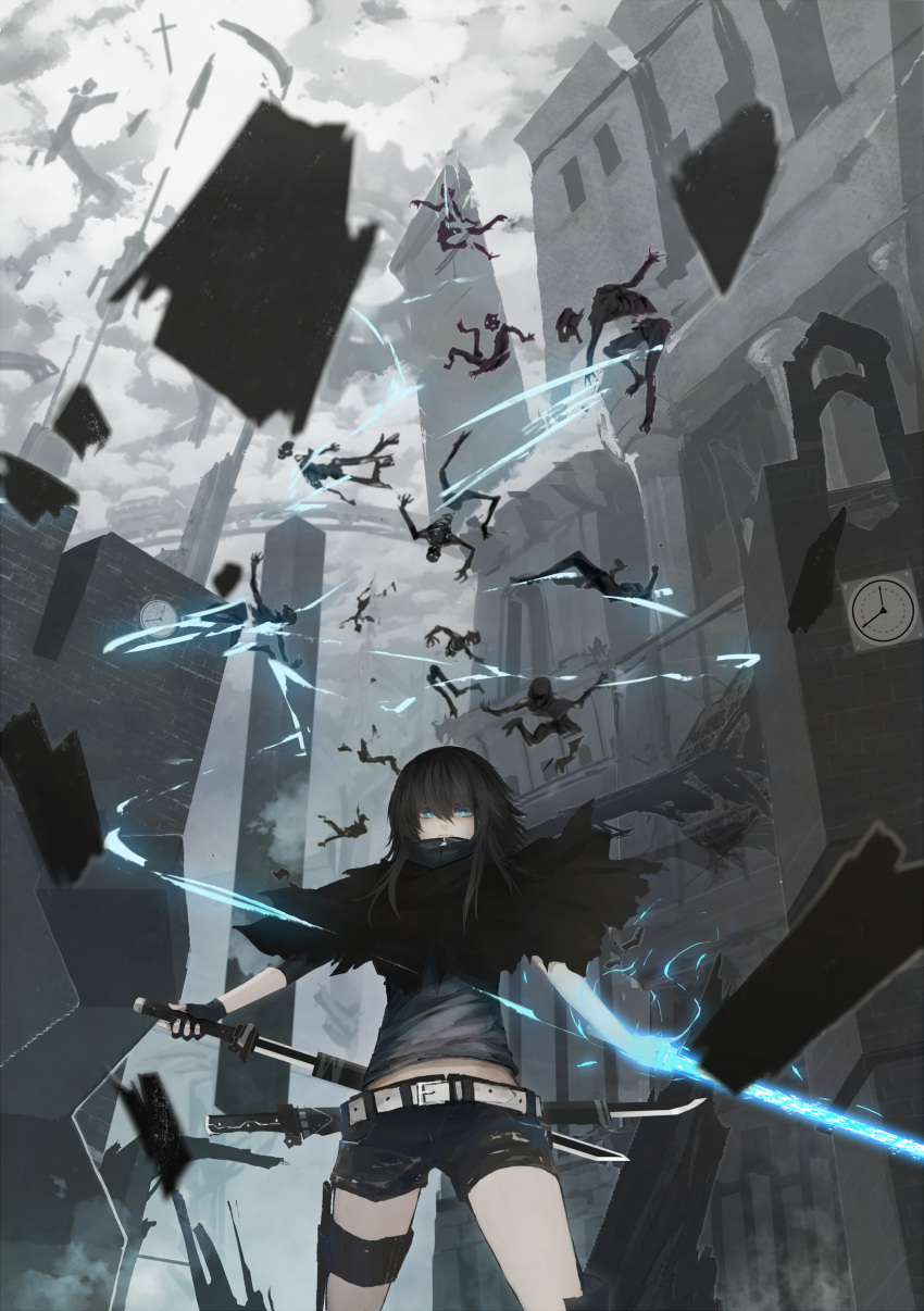 1girl 6+others absurdres belt black_cloak black_gloves black_hair blue_eyes blue_nails building city cloak clock closed_mouth cloud cloudy_sky cross dismemberment dual_wielding fingerless_gloves fingernails gloves glowing glowing_weapon grey_sky hair_between_eyes highres holding holding_sword holding_weapon katana medium_hair mek multiple_others no_pupils open_mouth original outdoors scabbard sheath sheathed sheathing sky slashing sword thigh_strap weapon white_eyes