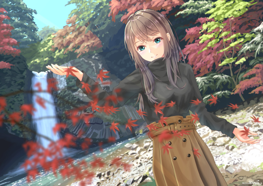 1girl arm_up artist_name autumn autumn_leaves belt black_shirt blue_eyes blurry blurry_background blurry_foreground breasts brown_hair brown_skirt commentary_request cowboy_shot depth_of_field dutch_angle english_commentary forest leaf long_sleeves looking_at_viewer maple_leaf medium_breasts mixed-language_commentary nature original scenery sena_(illust_sena) shirt sidelocks skirt smile solo standing tree water waterfall