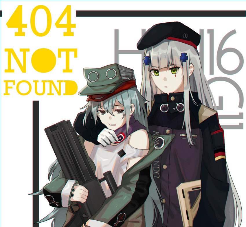 2girls 3o_c 404_(girls_frontline) 404_logo_(girls_frontline) aqua_hair assault_rifle bangs beret blue_hair camouflage_jacket character_name english_text eyebrows_visible_through_hair g11_(girls_frontline) german_flag girls_frontline gloves green_eyes grey_eyes gun h&amp;k_g11 h&amp;k_hk416 hand_on_shoulder hat highres hk416_(girls_frontline) holding holding_weapon hug jacket long_hair looking_at_viewer multiple_girls rifle uniform weapon white_background white_gloves