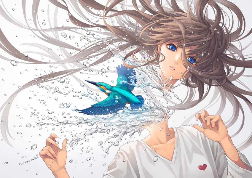 1girl bangs blue_eyes brown_hair common_kingfisher disembodied_head floating_hair grey_background hands_up heart highres kingfisher long_hair long_sleeves looking_at_viewer minami_(minami373916) original parted_lips shirt solo splashing surreal upper_body v-neck water white_shirt