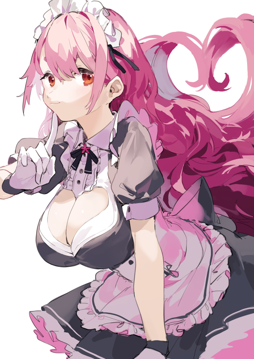 1girl absurdres aizono_manami blush breasts cleavage cleavage_cutout clothing_cutout heart_cutout highres large_breasts long_hair looking_at_viewer maid_headdress nijisanji puffy_sleeves sh_(562835932) short_sleeves simple_background skirt smile solo virtual_youtuber white_background