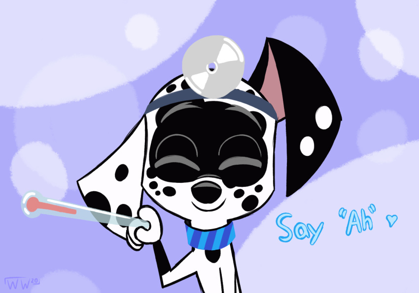 &lt;3 101_dalmatian_street 101_dalmatians black_body black_fur canid canine canis collar dalmatian disney dizzy_(101_dalmatians) doctor domestic_dog english_text eyes_closed female feral fur head_mirror holding_object mammal medical_instrument multicolored_body scientific_instrument simple_background smile solo spots text thermometer two_tone_body weather_instrument white_body white_fur whitewolf20xx
