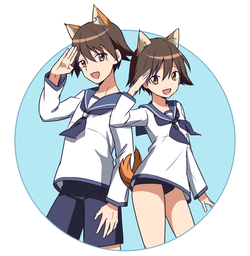 1boy 1girl :d animal_ears arm_up bangs blue_background blue_neckwear blue_sailor_collar blue_shorts blue_swimsuit blush brown_eyes brown_hair dog_boy dog_ears dog_girl dog_tail dual_persona eyebrows_visible_through_hair genderswap genderswap_(ftm) hair_between_eyes highres ichiren_namiro long_sleeves miyafuji_yoshika neckerchief open_mouth sailor_collar salute shirt short_hair shorts smile strike_witches swimsuit swimsuit_under_clothes tail two-tone_background white_background white_shirt world_witches_series