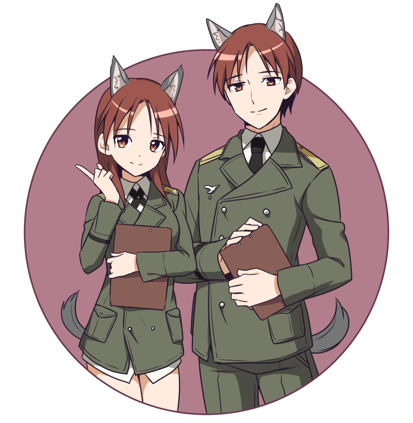 1boy 1girl absurdres animal_ear_fluff animal_ears bangs black_neckwear breasts brown_background brown_eyes brown_hair closed_mouth collared_shirt dual_persona eyebrows_visible_through_hair genderswap genderswap_(ftm) green_jacket green_pants hand_up highres ichiren_namiro index_finger_raised jacket long_hair long_sleeves looking_at_viewer military_jacket minna-dietlinde_wilcke necktie no_pants pants parted_bangs shirt small_breasts smile strike_witches tail two-tone_background white_background white_shirt wolf_boy wolf_ears wolf_girl wolf_tail world_witches_series