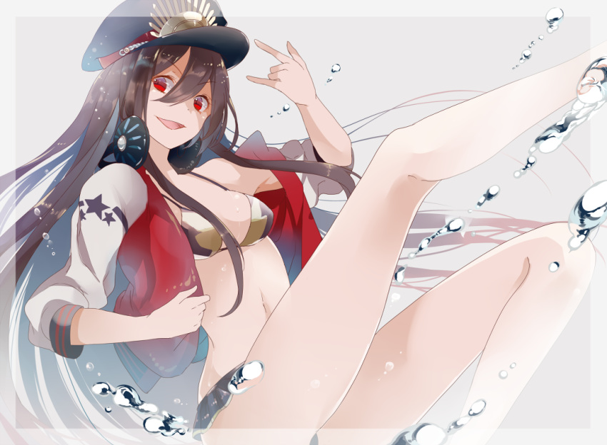 1girl \n/ bati15 bikini black_bikini breasts brown_hair commentary_request eyebrows_visible_through_hair fate/grand_order fate_(series) feet_out_of_frame hair_between_eyes hand_up hat headphones headphones_around_neck jacket leg_up long_hair medium_breasts navel oda_nobunaga_(fate)_(all) oda_nobunaga_(swimsuit_berserker)_(fate) open_clothes open_jacket open_mouth peaked_cap red_eyes red_jacket smile solo swimsuit very_long_hair water