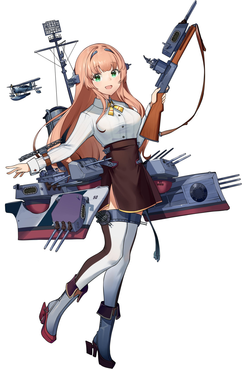 1girl absurdres aircraft bangs boots breasts brown_skirt eyebrows_visible_through_hair gun headgear helena_(kantai_collection) highres holding holding_gun holding_weapon kantai_collection light_brown_hair long_hair long_sleeves open_mouth rigging rudder_footwear side_slit simple_background skirt solo thighhighs weapon white_background white_legwear yamano_(yamanoh) yellow_neckwear
