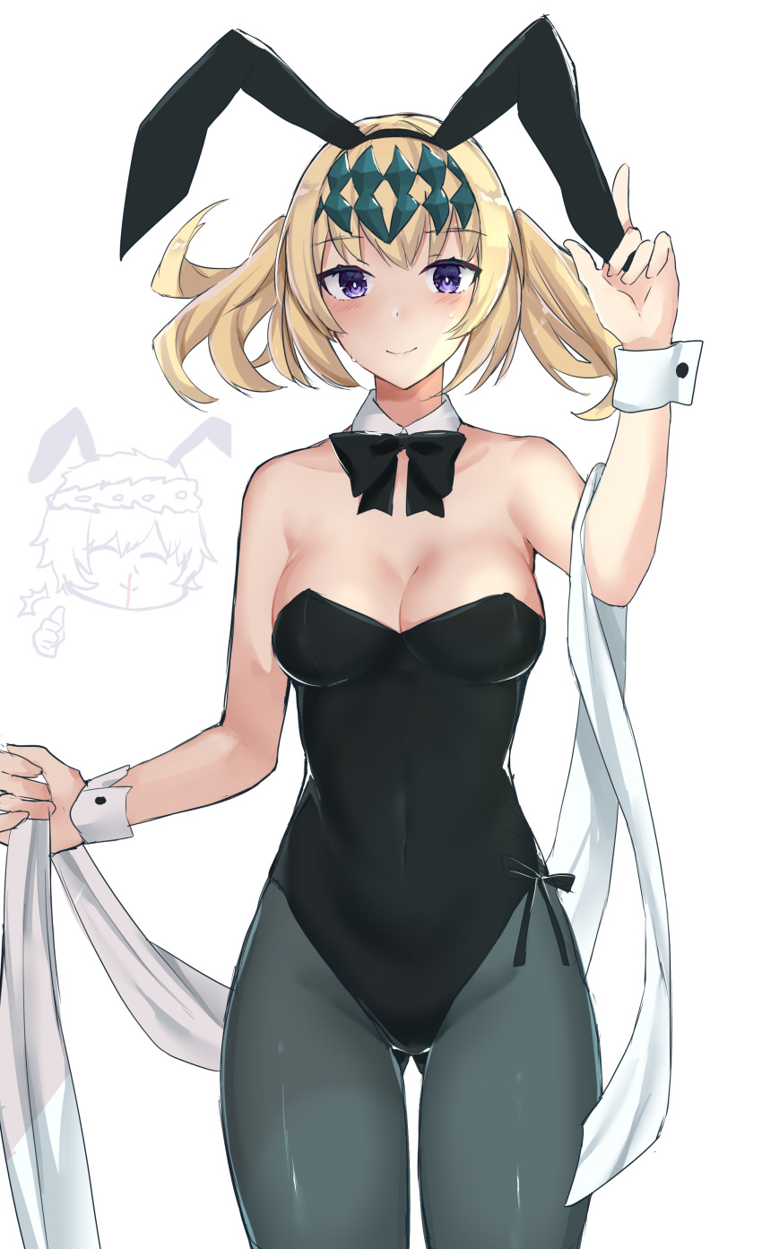 1boy 1girl absurdres animal_ears bangs bare_shoulders black_leotard blonde_hair blood blue_eyes blush breasts bunny_ears castor_(fate/grand_order) chibi cleavage detached_collar diadem fate/grand_order fate_(series) highleg highleg_leotard highres hitomin_(ksws7544) leotard looking_at_viewer medium_breasts medium_hair nosebleed pollux_(fate/grand_order) simple_background strapless strapless_leotard thighs white_background wrist_cuffs
