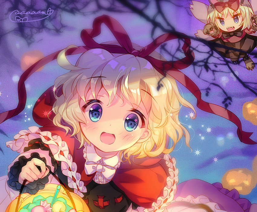 1girl amo animal_costume animal_ears apron bare_tree basket big_bad_wolf big_bad_wolf_(cosplay) black_bow blonde_hair bloomers blue_eyes blurry blurry_background blush bow bowtie bubble_skirt candy capelet center_frills cosplay cupcake doll dress_shirt eyebrows_visible_through_hair fairy_wings fangs floral_print food frilled_apron frilled_capelet frilled_cuffs frilled_shirt_collar frilled_skirt frilled_sleeves frills full_body hair_bow hair_ribbon halloween halloween_basket hand_up highres holding holding_basket jack-o'-lantern layered_clothing little_red_riding_hood little_red_riding_hood_(grimm) little_red_riding_hood_(grimm)_(cosplay) long_sleeves looking_at_viewer medicine_melancholy mushroom night open_mouth pink_shirt pink_skirt puffy_short_sleeves puffy_sleeves pumpkin red_bow red_hood red_ribbon ribbon ribbon-trimmed_vest ribbon_trim rose_print sash shirt short_hair short_sleeves signature skirt sleeve_cuffs solo sparkle star_(symbol) star_in_eye striped su-san symbol_in_eye tail touhou tree tree_branch underwear wavy_hair white_bow wings wolf_costume wolf_ears wolf_paws wolf_tail