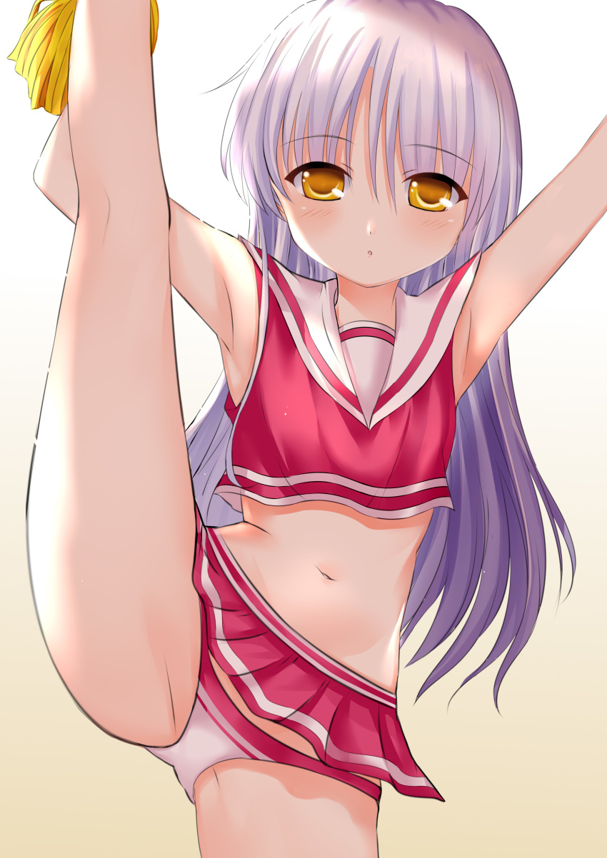 1girl :o absurdres angel_beats! armpits arms_up ass bare_arms bare_shoulders cheerleader crop_top gradient gradient_background highres leg_up long_hair looking_at_viewer lydia601304 midriff miniskirt navel panties parted_lips pom_poms red_shirt red_skirt sailor_collar shirt silver_hair skirt sleeveless sleeveless_shirt solo split standing standing_on_one_leg standing_split stomach tenshi_(angel_beats!) thighs underwear white_background white_panties yellow_eyes