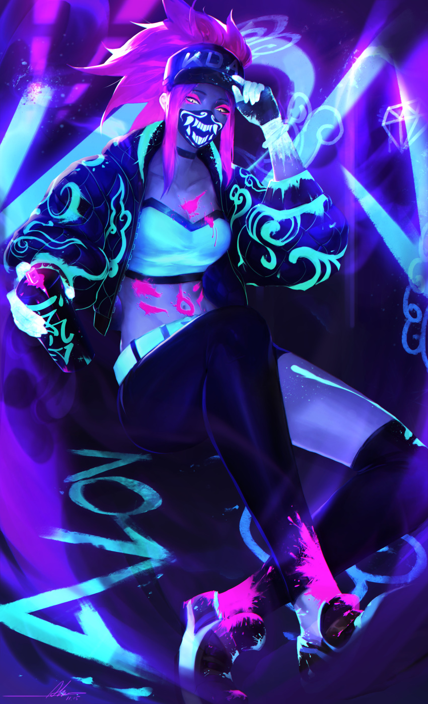 1girl absurdres akali alov asymmetrical_legwear baseball_cap belt black_footwear bodypaint bracelet choker fangs fingerless_gloves gloves hat highres idol inverted_colors jacket jewelry k/da_(league_of_legends) k/da_akali league_of_legends looking_at_viewer mask necklace paint solo thighhighs thighs