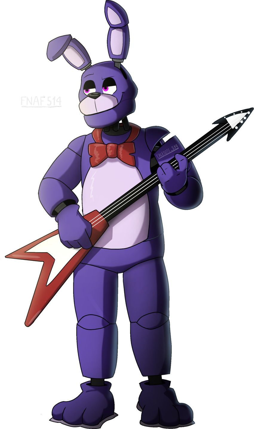 2020 3_toes 4_fingers absurd_res alpha_channel animatronic anthro black_nose bonnie_(fnaf) bow calesote514 fingers five_nights_at_freddy's guitar half-closed_eyes hi_res lagomorph leporid long_ears machine male mammal musical_instrument narrowed_eyes plucked_string_instrument purple_body rabbit robot signature simple_background smile solo standing string_instrument toes transparent_background video_games