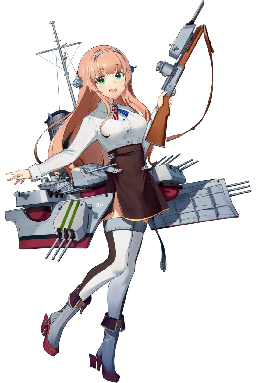 1girl absurdres american_flag_neckwear bangs boots breasts brown_skirt eyebrows_visible_through_hair gun headgear helena_(kantai_collection) highres holding holding_gun holding_weapon kantai_collection light_brown_hair long_hair long_sleeves open_mouth rigging rudder_footwear side_slit simple_background skirt solo thighhighs weapon white_background white_legwear yamano_(yamanoh)