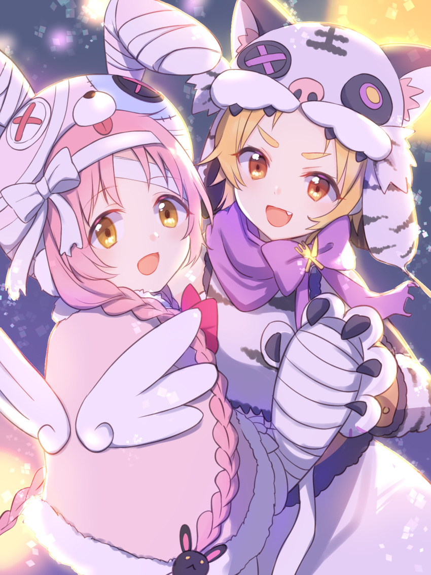 2girls :d animal_ear_fluff animal_ears animal_hat animal_print bandaged_ear bandaged_hands bandages bangs blonde_hair bow braid brown_eyes bunny_ears bunny_hair_ornament bunny_hat capelet commentary_request eyebrows_visible_through_hair fake_animal_ears fang fur-trimmed_capelet fur_trim gloves gucchiann hair_ornament halloween hat highres long_hair looking_at_viewer looking_back matsuri_(princess_connect!) mimi_(princess_connect!) multiple_girls open_mouth parted_bangs paw_gloves paws pink_capelet pink_hair princess_connect! princess_connect!_re:dive shirt skirt sleeveless sleeveless_shirt smile thick_eyebrows tiger_ears tiger_hat tiger_print twin_braids very_long_hair white_bow white_gloves white_shirt white_skirt