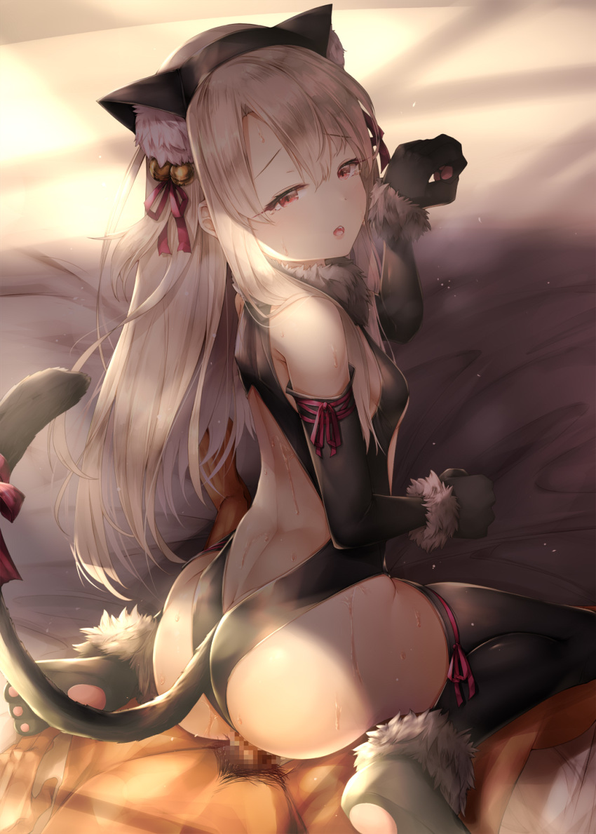 1boy 1girl animal_ears ass bangs bare_shoulders bell black_legwear black_leotard blush breasts cat_ears cat_tail censored commentary_request elbow_gloves fake_animal_ears fake_tail fate_(series) from_behind fur_collar fur_trim gloves hair_bell hair_ornament hair_ribbon hand_up hetero highres illyasviel_von_einzbern indoors jingle_bell leotard long_hair looking_at_viewer mosaic_censoring open_mouth paw_gloves paw_shoes paws penis red_eyes red_ribbon reverse_cowgirl_position ribbon sex shoes small_breasts solo_focus straddling sugiyuu sweat tail tail_ribbon thighhighs vaginal