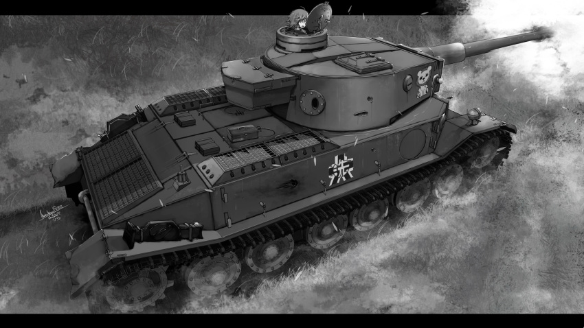 1girl artist_name bangs caterpillar_tracks commentary_request emblem firing frown girls_und_panzer grass greyscale ground_vehicle harumiya_hiro highres leopon_(animal) letterboxed military military_vehicle monochrome motor_vehicle nakajima_(girls_und_panzer) ooarai_(emblem) open_mouth outdoors short_hair signature solo tank tank_focus tiger_(p) twitter_username