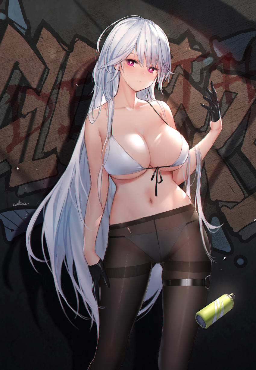1girl bare_arms bikini bikini_under_clothes black_gloves blue_eyes breasts bright_pupils cleavage closed_mouth closers collarbone front-tie_bikini front-tie_top gloves half_gloves hand_up highres large_breasts long_hair looking_at_viewer mirae_(closers) navel pantyhose red_eyes solo spray_can standing stomach string_bikini swd3e2 sweat swimsuit thigh_strap thighband_pantyhose very_long_hair white_bikini white_hair