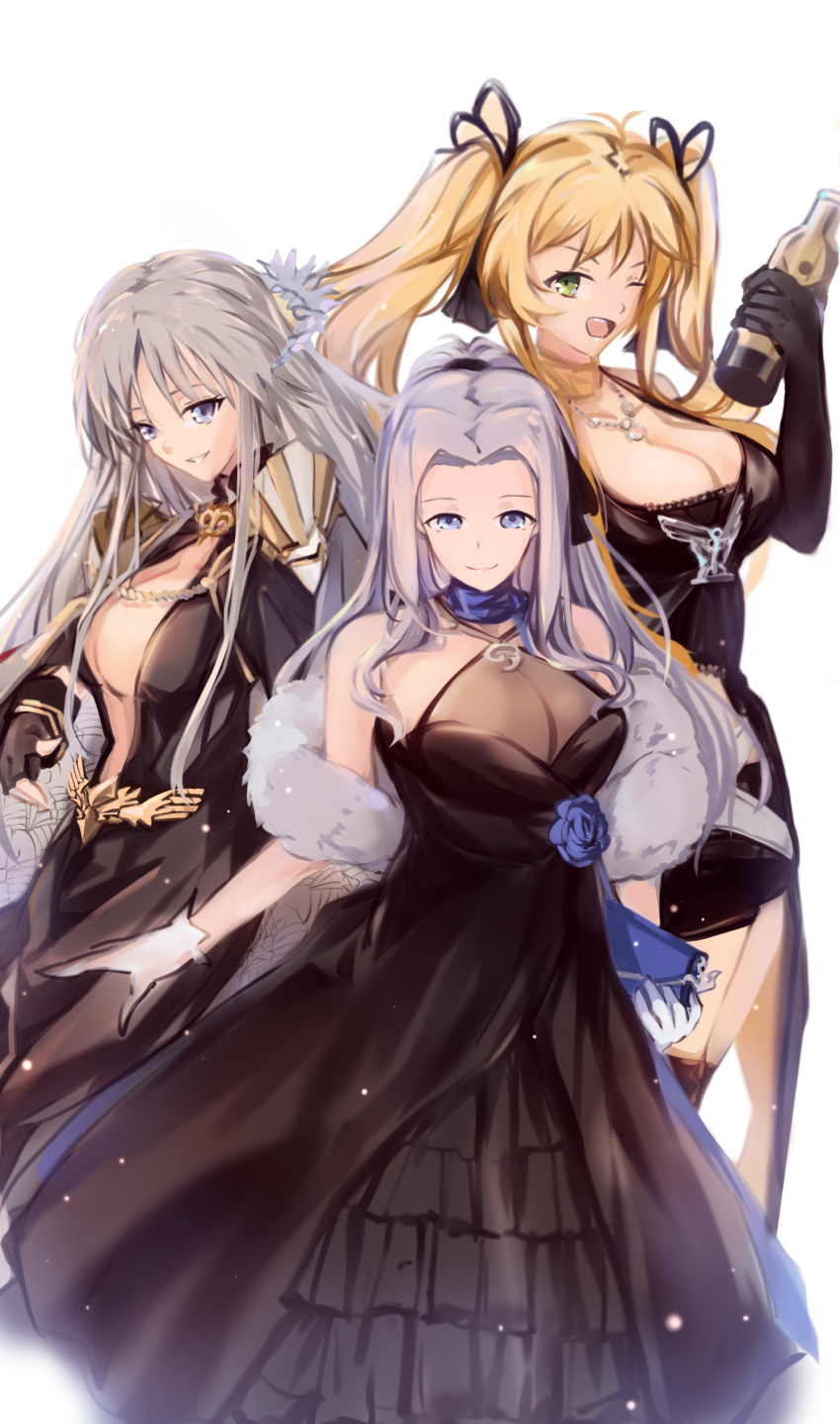 3girls absurdres alcohol azur_lane bare_shoulders black_cape black_dress black_gloves black_skirt blonde_hair bottle breasts cape center_opening champagne cleavage_cutout clothing_cutout criss-cross_halter dress dress_flower elbow_gloves enterprise_(azur_lane) enterprise_(heroic_finery)_(azur_lane) evening_gown feather_boa feathers fingerless_gloves gloves green_eyes grey_hair hair_feathers halter_dress halterneck highres holding holding_bottle holding_purse hornet_(azur_lane) hornet_(bubbly_anniversary!)_(azur_lane) jewelry large_breasts light_purple_eyes light_purple_hair long_dress long_sleeves looking_at_viewer multiple_girls necklace purple_eyes see-through shika_(shika0) simple_background skirt twintails white_gloves yorktown_(azur_lane) yorktown_(evening_i_can't_remember)_(azur_lane)