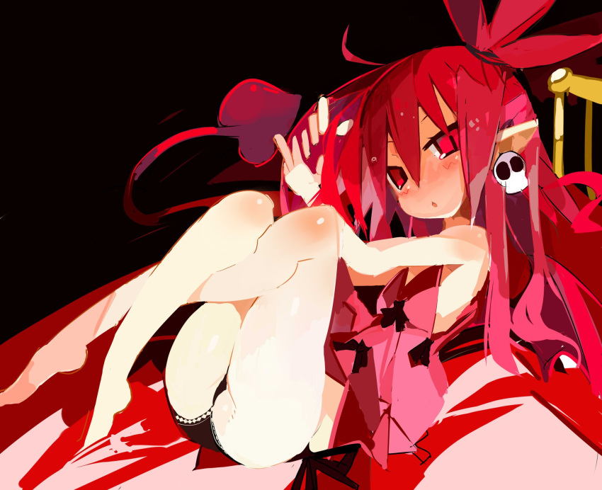 barefoot clothed clothing demon disgaea ear_piercing etna_(disgaea) female hair hi_res humanoid humanoid_pointy_ears mammal membrane_(anatomy) membranous_wings miyakawa106 not_furry open_mouth piercing red_eyes red_hair solo spade_tail underwear video_games wings young