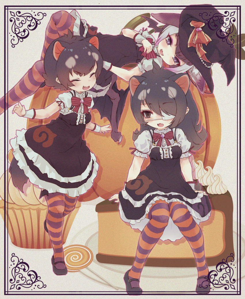 3girls absurdres animal_ears australian_devil_(kemono_friends) bat_ears bat_girl bat_wings black_dress black_hair black_legwear bow bowtie cake cake_slice center_frills common_vampire_bat_(kemono_friends) cupcake dress eyebrows_visible_through_hair eyepatch food frilled_dress frills giant_food halloween_costume hat highres japari_symbol kemono_friends kemono_friends_3 kolshica long_hair lying mary_janes matching_outfit medical_eyepatch multicolored multicolored_clothes multicolored_hair multicolored_legwear multiple_girls on_back orange_legwear pantyhose puffy_short_sleeves puffy_sleeves pumpkin purple_hair purple_legwear red_neckwear shirt shoes short_hair short_sleeves sitting striped striped_legwear suspenders tasmanian_devil_(kemono_friends) tasmanian_devil_ears tasmanian_devil_tail white_hair white_shirt wings witch_costume witch_hat