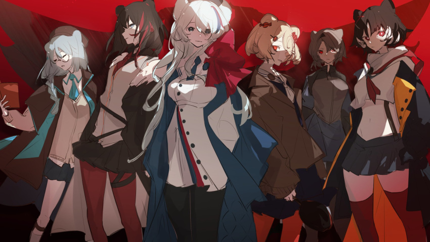 6+girls absinthe_(arknights) animal_ears aonogura arknights axe bangs bear_ears black_choker black_gloves black_hair black_jacket black_legwear black_sailor_collar black_shirt black_skirt blonde_hair blue_eyes blue_headwear blue_neckwear blue_skirt book braid breasts brown_hair brown_jacket brown_skirt choker closed_eyes commentary_request crop_top crop_top_overhang eyebrows_visible_through_hair frying_pan fur-trimmed_jacket fur_trim gloves green_eyes grey_eyes grey_hair gummy_(arknights) hair_between_eyes hair_ornament hair_ribbon hairclip hand_up head_tilt highres holding holding_axe holding_book holding_frying_pan istina_(arknights) jacket kneehighs leto_(arknights) long_hair long_sleeves looking_at_viewer midriff miniskirt monocle multicolored_hair multiple_girls navel neckerchief necktie open_clothes open_jacket orange_legwear pantyhose pleated_skirt pom_pom_(clothes) red_eyes red_hair red_legwear red_neckwear ribbed_legwear ribbon rosa_(arknights) sailor_collar sailor_shirt scarf school_uniform serafuku shirt short_hair sidelocks silver_hair single_braid skirt small_breasts star_(symbol) star_hair_ornament stomach streaked_hair suspenders thighhighs white_hair white_jacket white_legwear white_sailor_collar white_shirt zettai_ryouiki zima_(arknights)