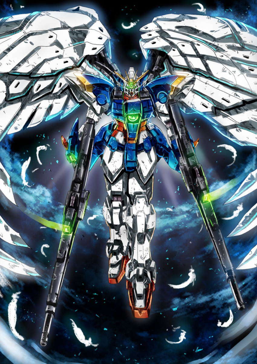 dual_wielding floating garimpeiro glowing glowing_eyes green_eyes gun gundam gundam_wing gundam_wing_endless_waltz highres holding holding_gun holding_weapon looking_down mecha no_humans solo v-fin weapon wing_gundam_zero_custom wings