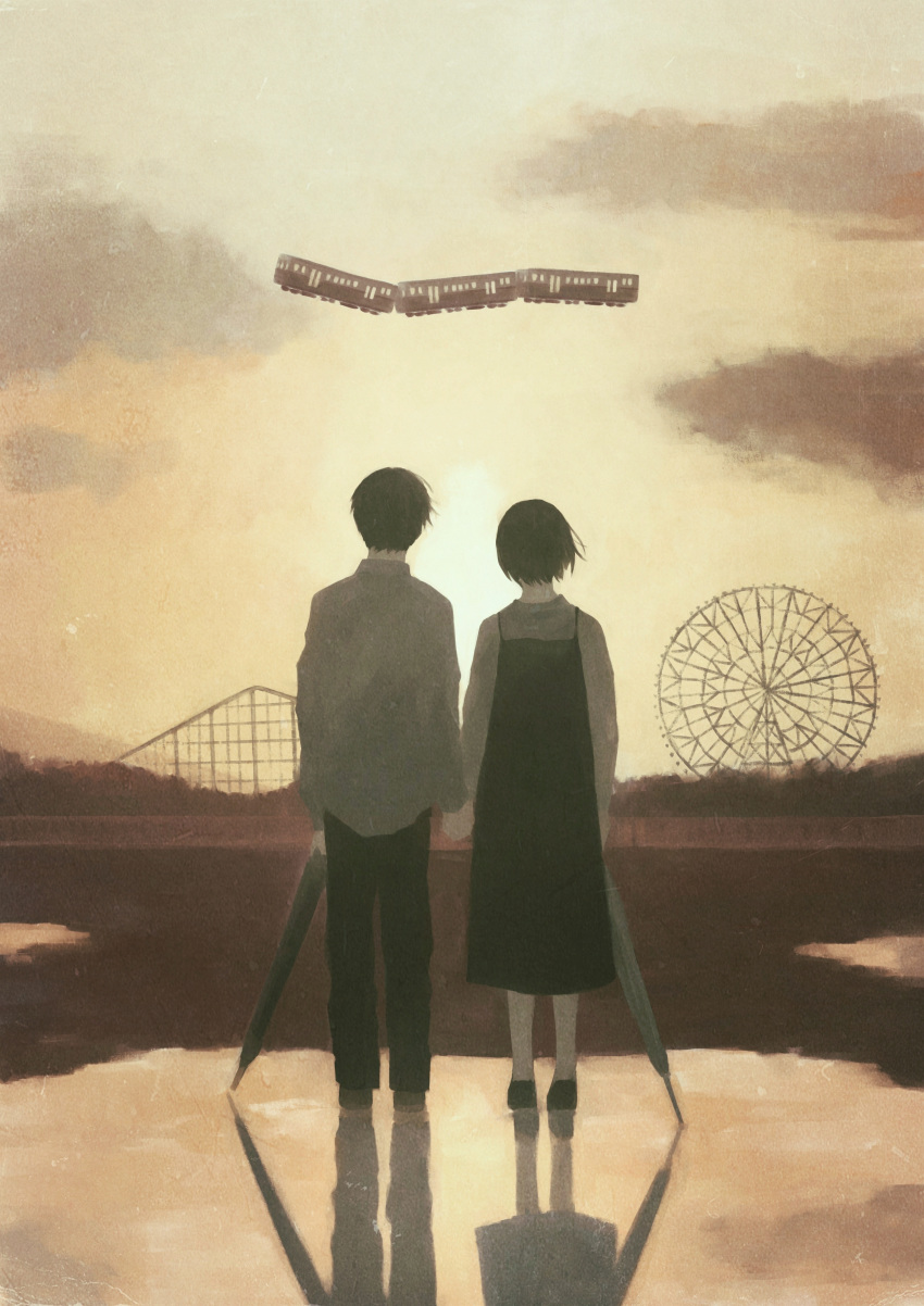 1boy 1girl absurdres black_hair cloud dress evening ferris_wheel film_grain from_behind ground_vehicle highres hill holding_hands mikami_yui muted_color original puddle reflection roller_coaster scenery shirt short_hair sky surreal train umbrella untucked_shirt wind