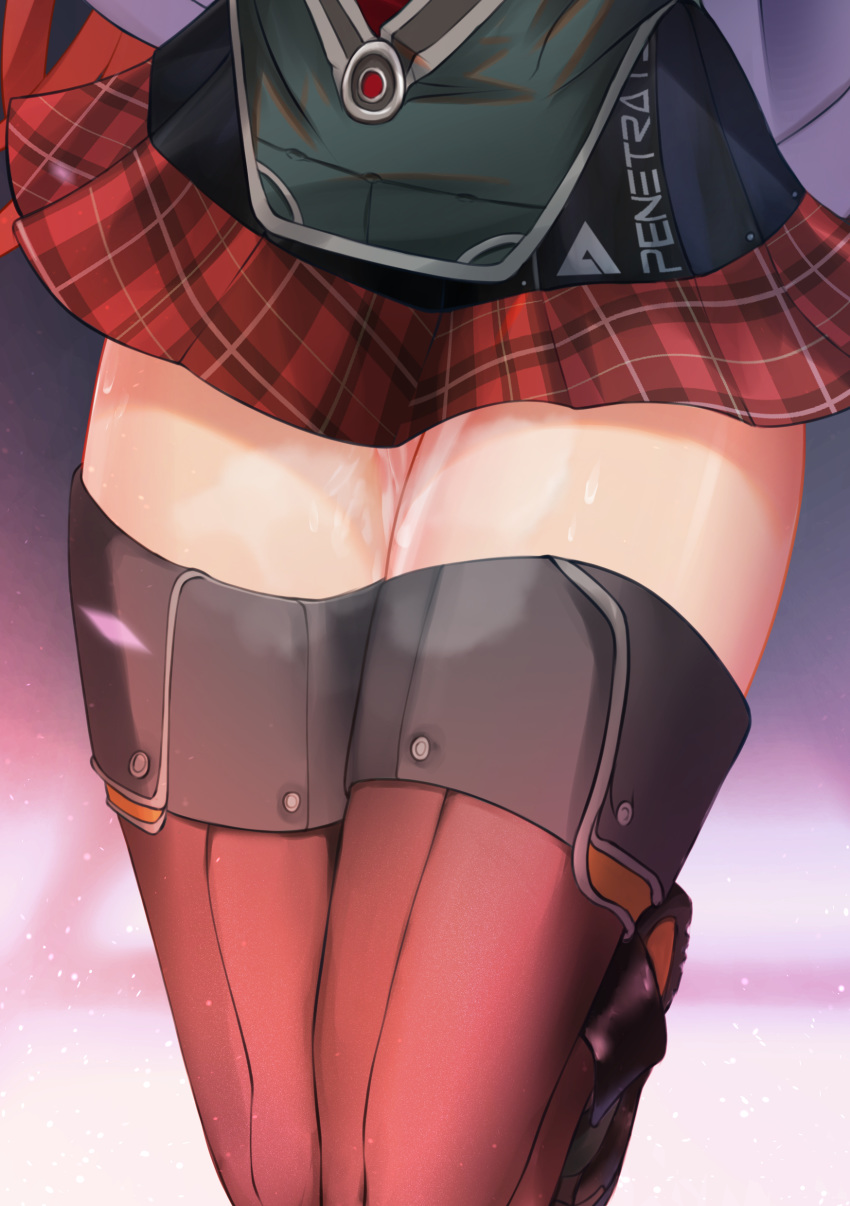 1girl absurdres arknights ass bagpipe_(arknights) between_thighs boots bound bound_thighs cum cum_in_pussy embarrassed highres krirk legs skin_tight thick_thighs thigh_boots thigh_gap thighhighs thighs