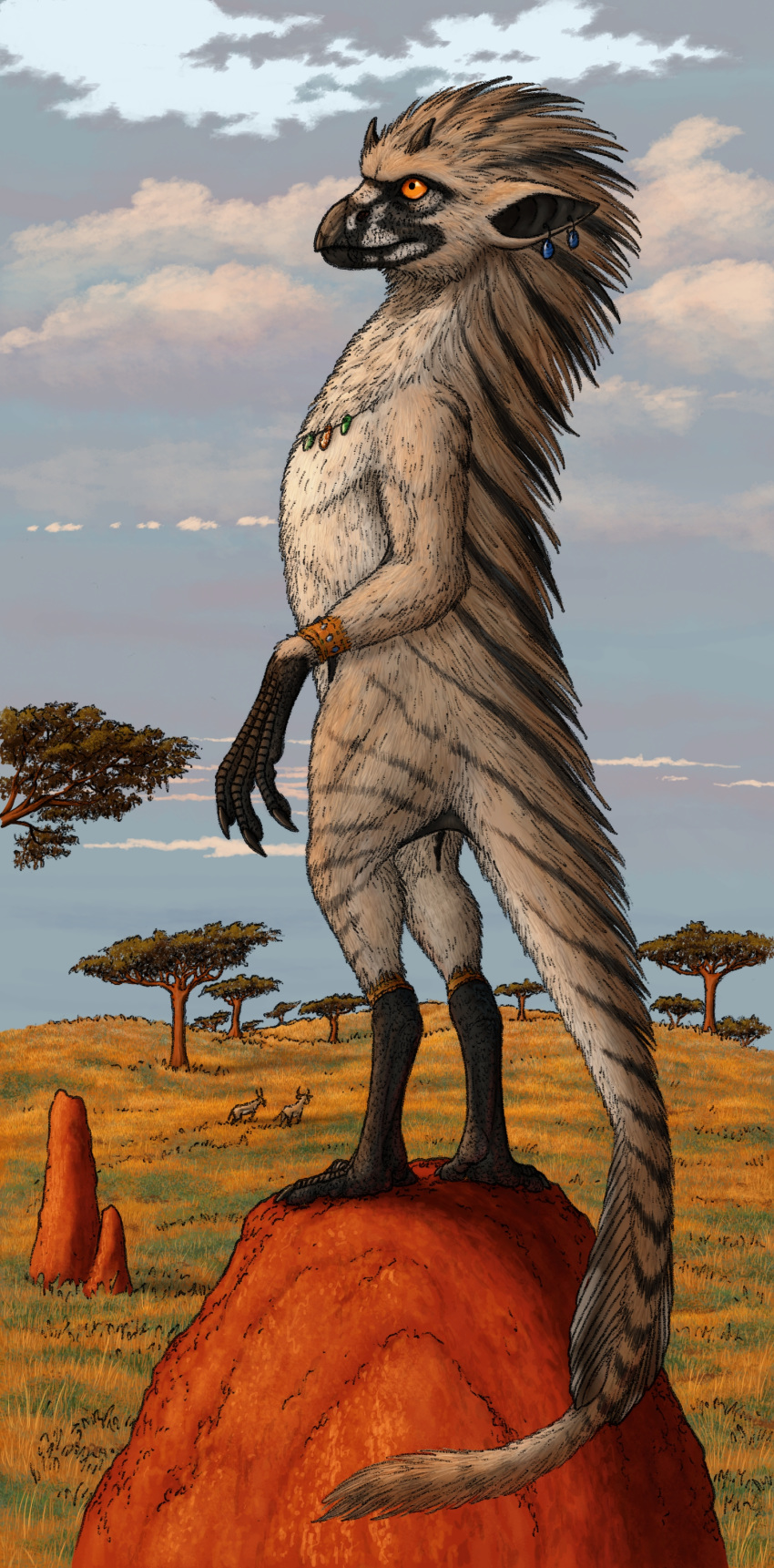 absurd_res ambiguous_gender antelope anthro beak black_body black_feathers black_scales black_stripes bovid bracelet cloud detailed_background ear_piercing feathers grass group hi_res horn imp jewelry mammal necklace orange_eyes piercing ramul scales side_view solo_focus standing stripes sunset tan_body tan_feathers termite_mound tree