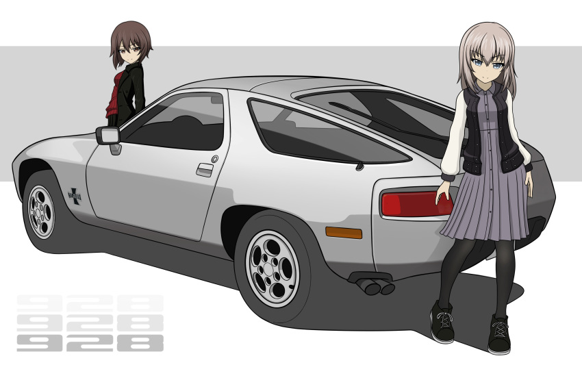 2girls absurdres black_legwear brown_eyes brown_hair car dress girls_und_panzer grey_eyes grey_hair ground_vehicle highres itsumi_erika jacket kano_(nakanotakahiro1029) looking_at_viewer looking_back motor_vehicle multiple_girls nishizumi_maho pantyhose porsche porsche_928 shoes short_hair sneakers