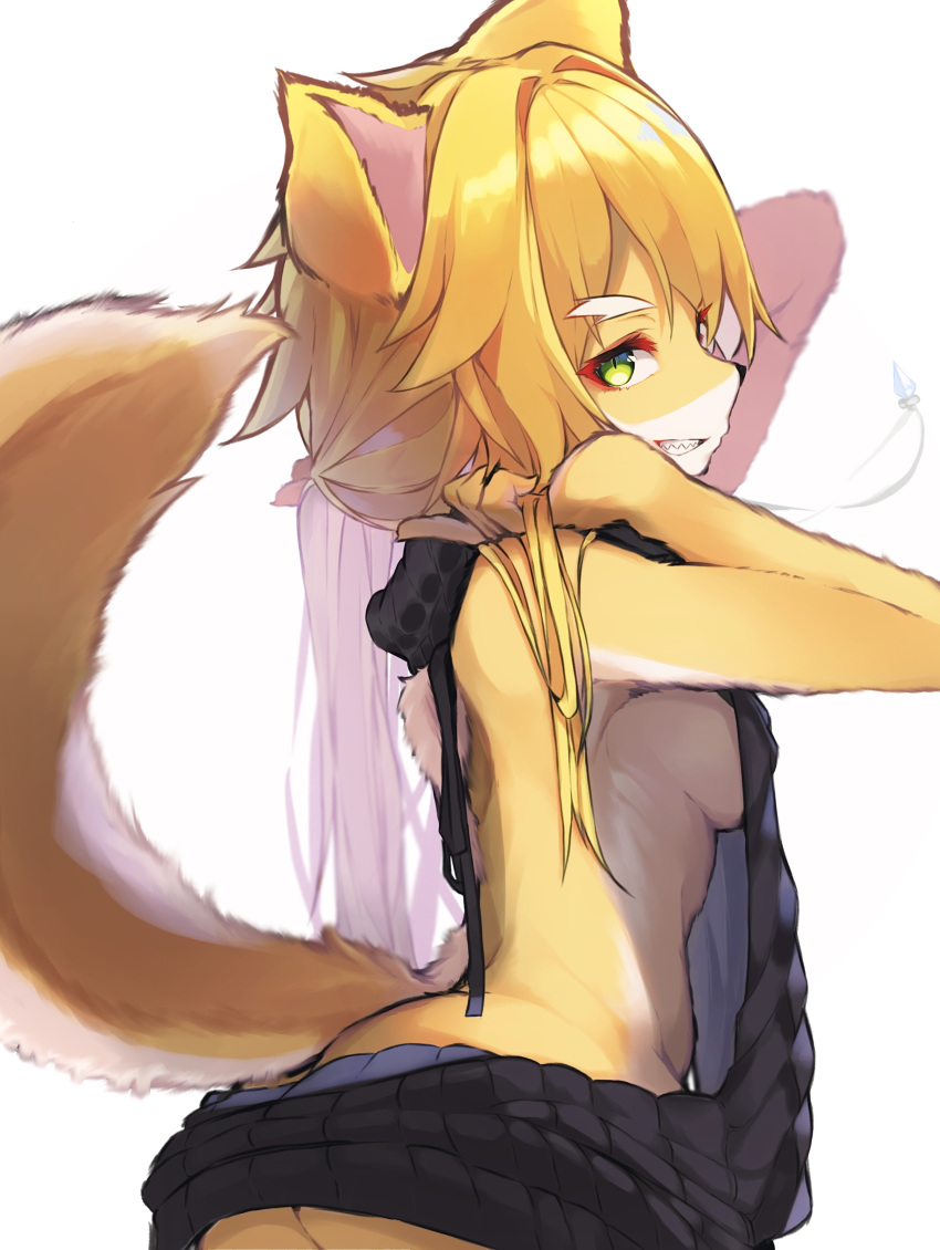 2020 absurd_res anthro blonde_hair breasts butt canid canine clothed clothing eyebrows female fingers fluffy fluffy_tail fox frederica_baumann fur green_eyes hair hi_res kemono long_hair looking_at_viewer mammal meme meme_clothing portrait re:zero side_view simple_background smile solo sweater tabhead three-quarter_portrait topwear virgin_killer_sweater white_body white_eyebrows white_fur yellow_body yellow_fur