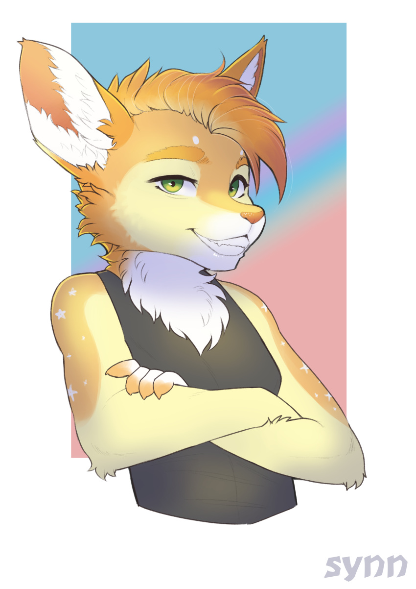 absurd_res anthro bust_portrait canid canine clothed clothing female fennec fox fur glow_(character) green_eyes herm_(lore) hi_res mammal mohawk_(hairstyle) portrait smiling_at_viewer solo synnfultiger tan_body tan_fur