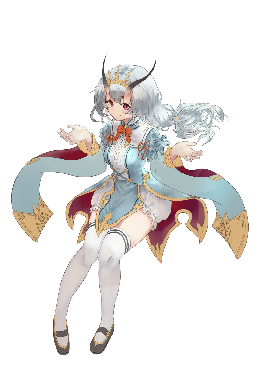 1girl absurdres breasts fantasy highres horns looking_to_the_side medium_breasts open_hands original purple_eyes skindentation solo taku57 thighhighs tiara white_hair