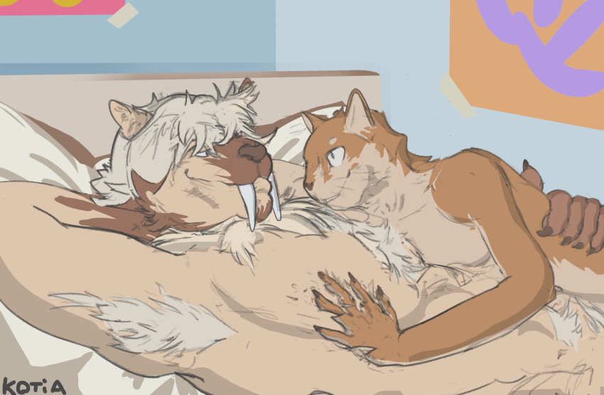 anthro armpit_hair bed bedroom bedroom_eyes body_hair domestic_cat duo felid feline felis fur furniture hair hi_res hug kotia machairodontine male male/male mammal muscular muscular_male narrowed_eyes nipples nude pecs poster_(object) pubes romantic_couple seductive size_difference