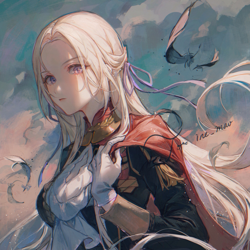 1girl bangs breasts capelet closed_mouth cloud cloudy_sky day edelgard_von_hresvelg expressionless feathers fire_emblem fire_emblem:_three_houses forehead garreg_mach_monastery_uniform gloves hair_ribbon highres lips long_hair looking_at_viewer maccha_(mochancc) medium_breasts outdoors parted_bangs purple_eyes red_capelet ribbon signature silver_hair sky solo straight_hair uniform upper_body white_gloves