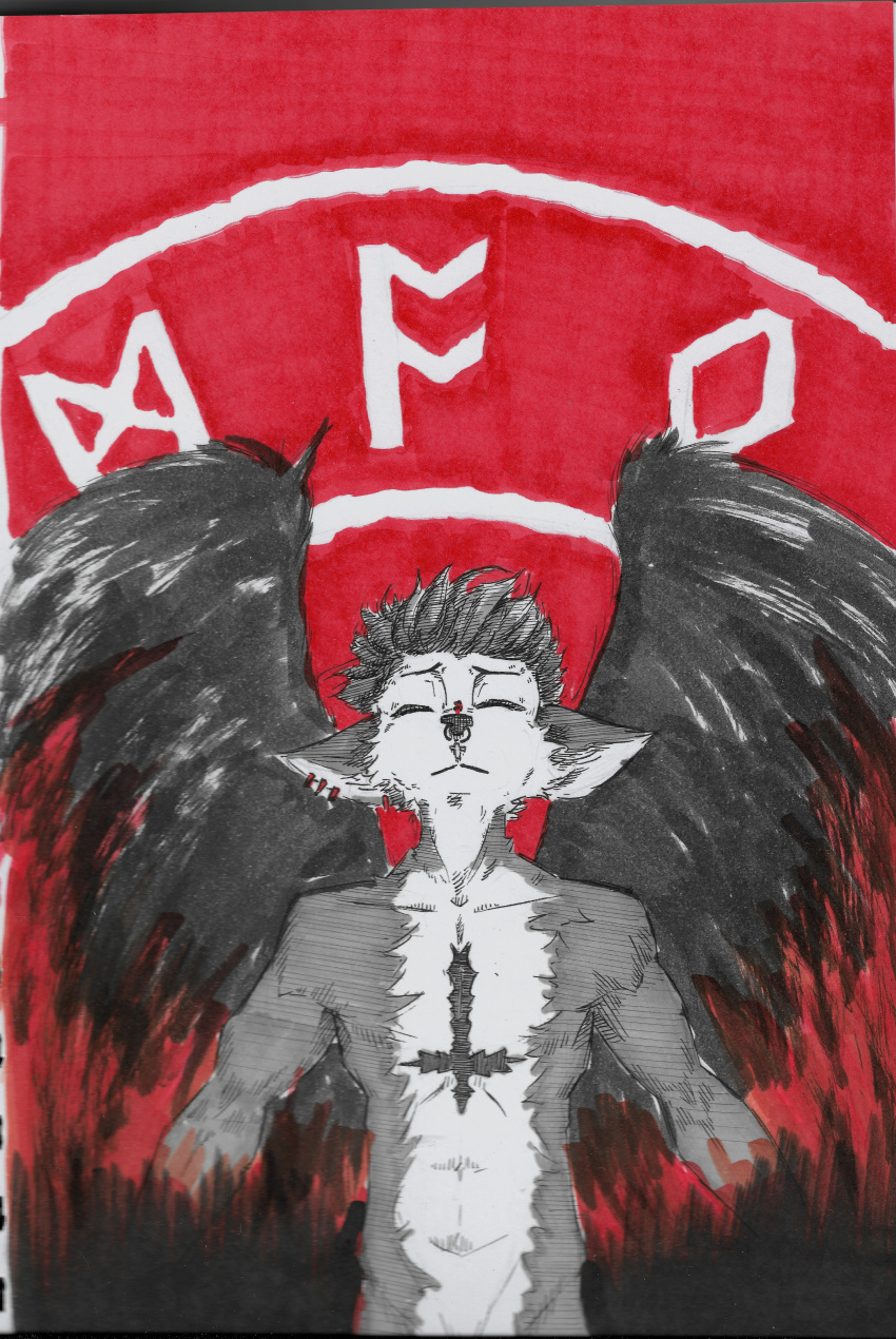 absurd_res angel anthro canid canine canis cross domestic_dog facial_piercing hi_res husky inverted_cross male mammal nordic_sled_dog nose_piercing piercing red_background rivey_ravenheart runes simple_background solo spitz traditional_media_(artwork) wings zhearun