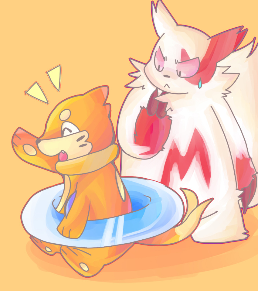 2009 ambiguous_gender anthro bodily_fluids buizel duo eyes_closed ginnosuke hi_res kemono nintendo orange_background orange_body pok&eacute;mon pok&eacute;mon_(species) red_body simple_background sweat video_games white_body zangoose