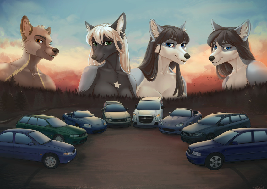 anthro canid canine canis car day detailed_background digital_media_(artwork) domestic_dog female hi_res male mammal outside sky smile taurusart vehicle wolf