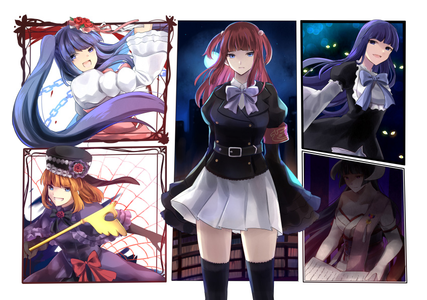 5girls absurdres armband bernkastel black_legwear blue_eyes bow eva_beatrice featherine_augustus_aurora frederica_bernkastel furudo_erika hair_bobbles hair_ornament hat highres juliet_sleeves long_hair long_sleeves multiple_girls puffy_sleeves purple_hair red_hair skirt staff thighhighs umineko_no_naku_koro_ni ushiromiya_ange white_skirt