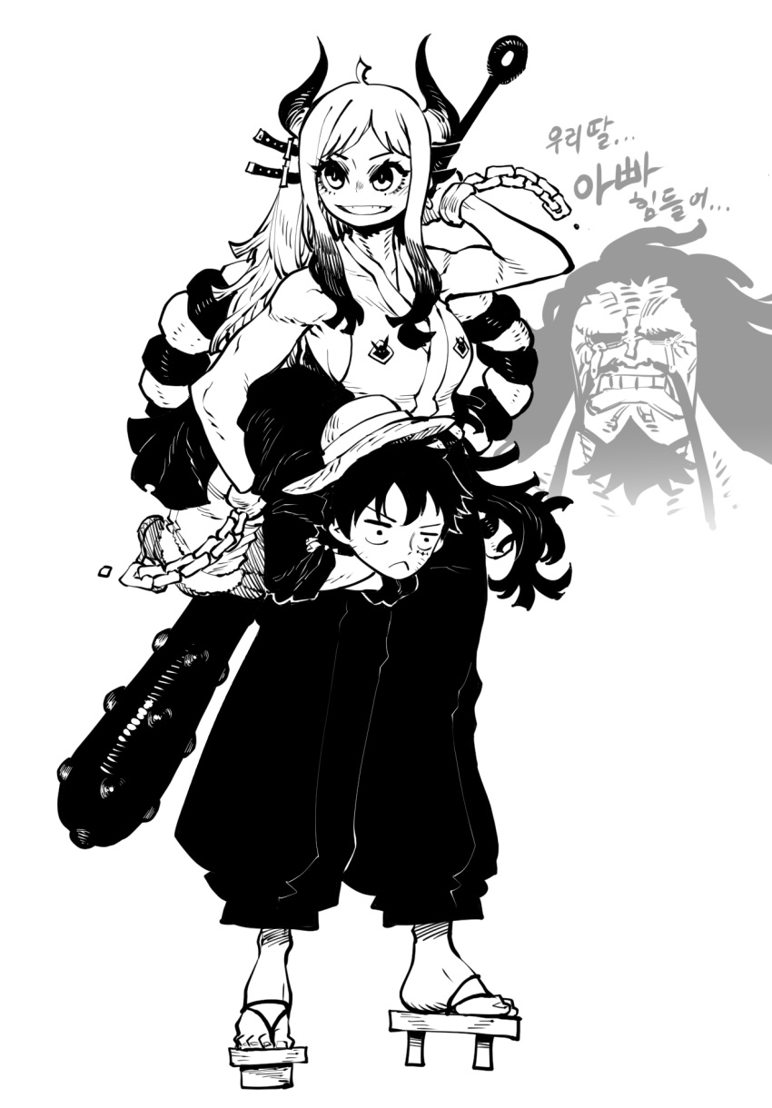 1girl 2boys :&lt; bare_shoulders breasts chain closed_mouth club commentary crossed_arms crying crying_with_eyes_open english_commentary fingernails geta hand_up hat highres holding holding_weapon horns inset jacket kaidou_(one_piece) korean_text large_breasts long_hair monkey_d_luffy multiple_boys one_piece sandals smile spiked_club ssambatea straw_hat tears toned translation_request weapon yamato_(one_piece)