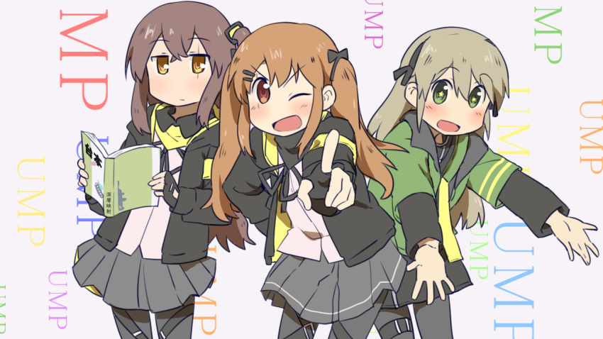 3girls 404_(girls_frontline) bangs book closed_mouth crossover girls_frontline jacket looking_at_viewer multiple_girls nichijou open_mouth plug_(feng-yushu) skirt smile ump40_(girls_frontline) ump45_(girls_frontline) ump9_(girls_frontline) white_background