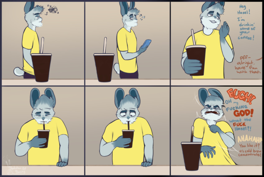 2020 5_fingers anthro beard beverage blue_body blue_fur bottomwear cellphone clothed clothing coffee comic cup denim denim_clothing dialogue disgust drinking english_text eyes_closed facial_hair fingers fur grey_eyes hi_res holding_cup holding_object holding_phone jeans klaus_(shakotanbunny) lagomorph laugh leporid male mammal offscreen_character open_mouth pants phone profanity rabbit shakotanbunny shirt signature simple_background smartphone solo solo_focus t-shirt text topwear