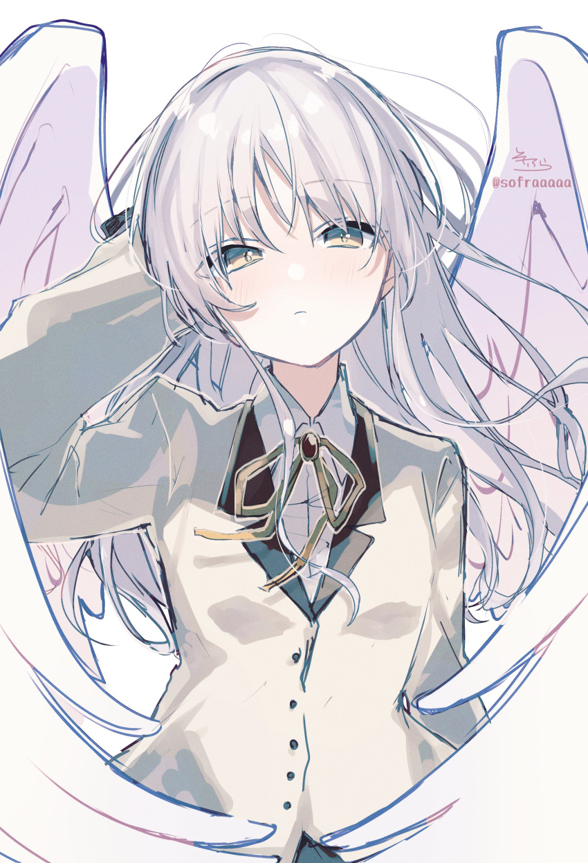 1girl absurdres angel_beats! arm_up bangs blazer blush brooch brown_eyes brown_ribbon closed_mouth collared_shirt commentary dress_shirt eyebrows_visible_through_hair feathered_wings grey_jacket hair_between_eyes hand_behind_head highres jacket jewelry looking_at_viewer neck_ribbon ribbon shirt signature silver_hair simple_background sofra solo tenshi_(angel_beats!) twitter_username upper_body white_background white_shirt white_wings wings